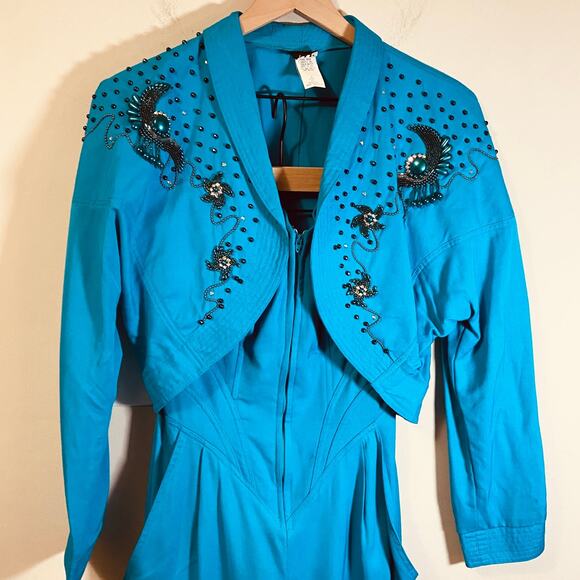 Vintage 80s Two Piece Jumpsuit & Jacket Set Teal/Turquoise Beaded Embellished 10 - Picture 2 of 16